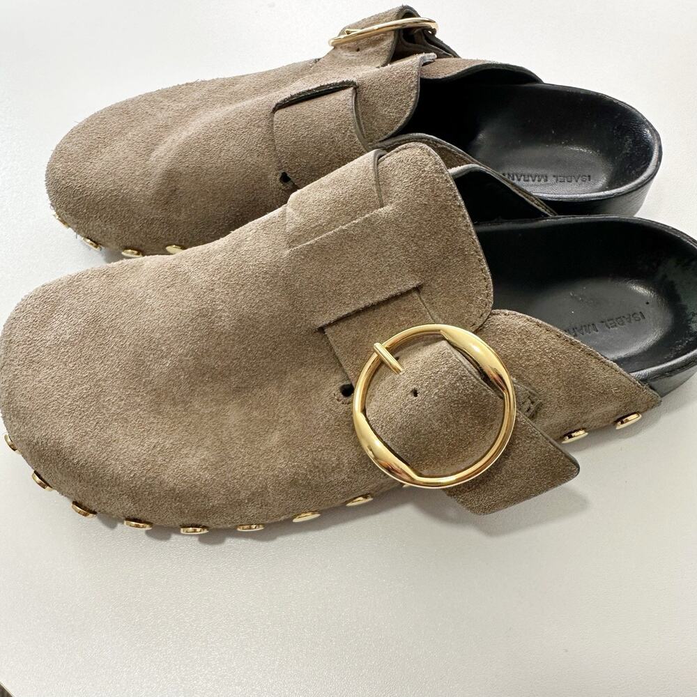 Isabel Marant Womens Suede Studded Mules Slip On Size 36 Olive Buckle Hardware - Picture 2 of 7